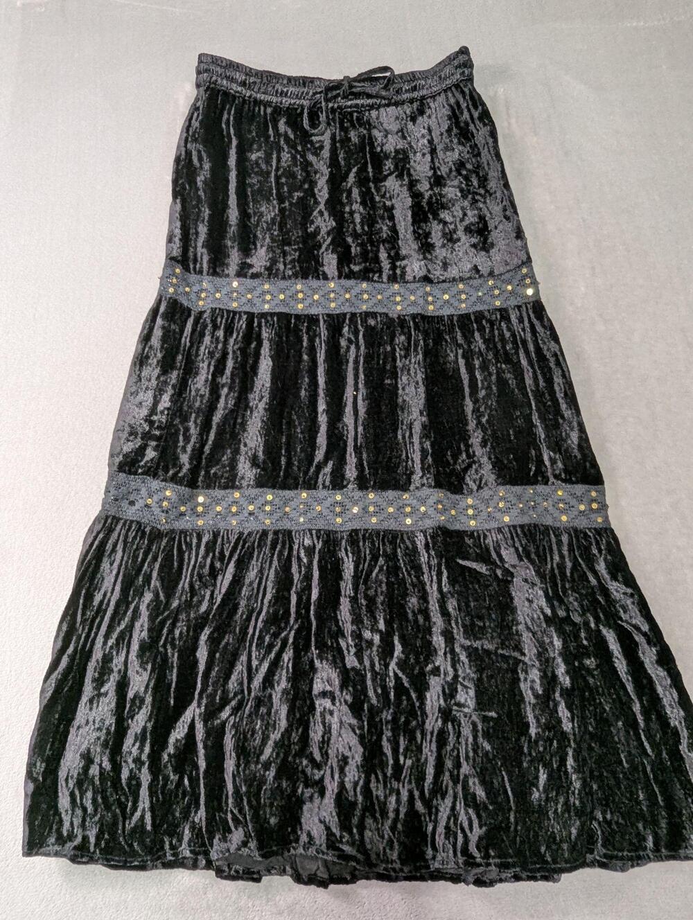 Black Crushed Velvet Maxi Skirt OS/M Lace Sequin Whimsigoth Fairy Dark Academia